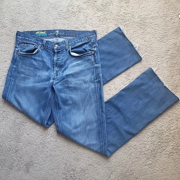 7 For All Mankind Jeans Men 32 Blue Slouchy Denim Distressed Fray Button Fly USA - Picture 1 of 16